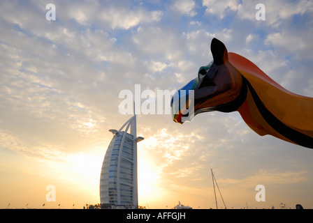 luxurious hotel Burj Al Arab, Burj al-Arab hotel at sunset, Dubai, United Arab Emirates Stock Photo
