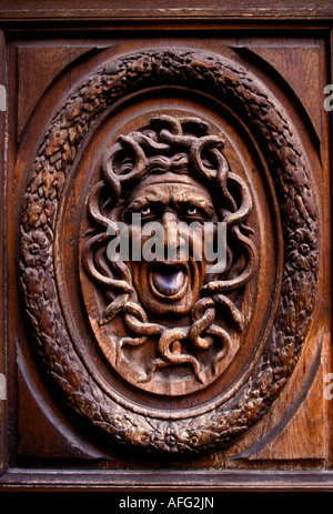 head of Medusa Medusa, woodwork, woodcarving, wooden door, door, Hotel des Ambassadeurs de Hollande, Marais District, Paris, France Stock Photo