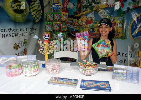 Miami Florida,Key Biscayne,NASDAQ 100 Open,pro tennis tournament,exhibitor,Arcor,candy Hispanic Latin Latino ethnic immigrant immigrants minority,adul Stock Photo