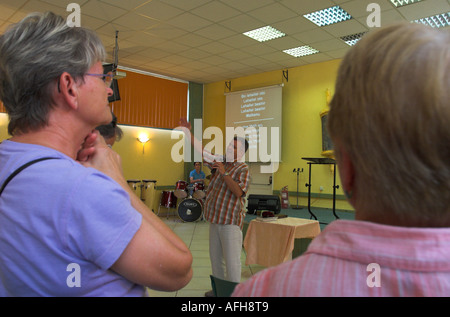 Israel Tel Aviv Messianic Jewish congregation Brit Olam Alliance Eternelle Minister Jacques Elbaz singing during worshiping sess Stock Photo