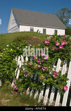 Meeting House in Stonington, Maine with White Picket Fence, July 2006 Stock Photo