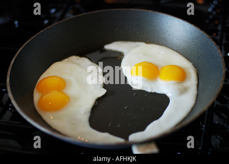 TWO DOUBLE YOKE FRIED EGG IN FRYING PAN Stock Photo