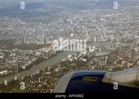 Aerial vew of Thames South Bank Millenium Wheel central London from aircraft approaching Heathrow airport LHR England Britain Stock Photo