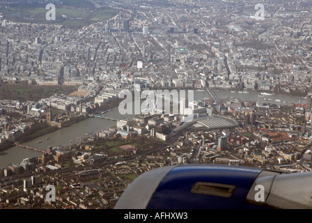 View of Thames South Bank Millenium Wheel central London from aircraft approaching Heathrow airport LHR England Britain Stock Photo