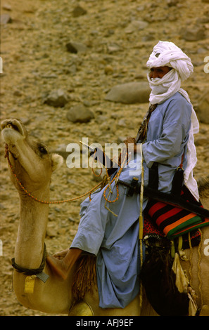 Touareg on camel in desert Algeria Stock Photo