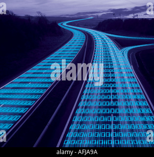 Data Stream Data flowing along a highway at dusk Stock Photo