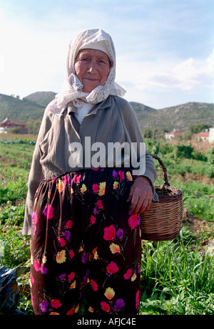 Older woman tending her garden of cabbages and other vegetable on a farm in remote Turkish village near Akyaka in South Western Stock Photo