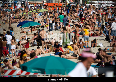 Thousand of people in the beach Mondello Palermo Italy Stock Photo