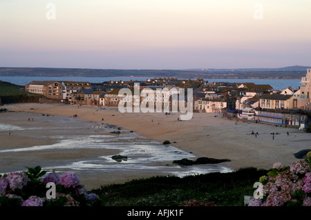 The Island or St Ives head Porthmeor beach from Clodgy point Cornwall Stock Photo