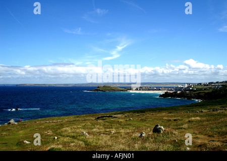 The Island or St Ives head Porthmeor beach from Clodgy point Cornwall Stock Photo