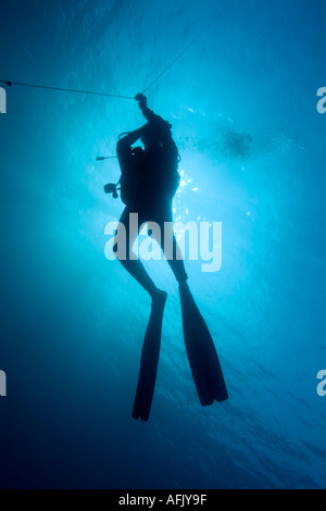 One scuba diver underwater near the Baa Atoll, Maldive Islands. Stock Photo
