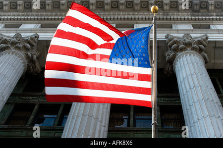 American flag with columns of Northwestern Mutual building Milwaukee Wisconsin USA Stock Photo