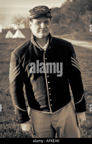 American Civil War soldier in the Union camp during reenactment of the Battle of Third Winchester Stock Photo