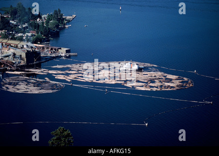 Kelowna, BC, Okanagan Lake, British Columbia, Canada - Aerial, Log Boom, Logging Industry, Waterfront Stock Photo
