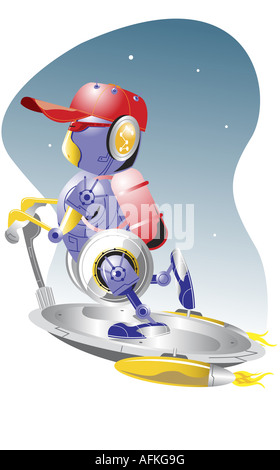 Robot riding a flying saucer Stock Photo