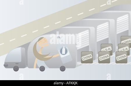 Row of trucks offloading goods from China Stock Photo