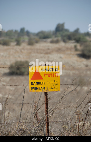 Minefield warning on the Golan Heights near the Israeli border with Syria Stock Photo