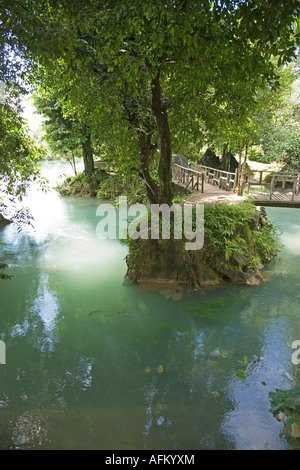 Section of the Nam Song river outside the Tham Jang cave set aside for swimming. Near Vang Vieng, Laos Stock Photo