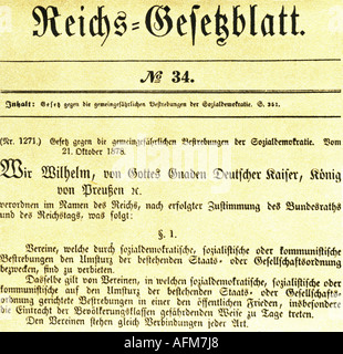 geography/travel, Germany, politics, anti socialist law, publication in Reichsgesetzblatt number 34, 21.10.1878, justice, laws, social democracy, , Stock Photo