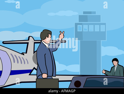 Businessman boarding a plane waving goodbye Stock Photo
