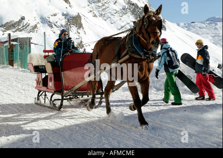 Horse and cart, Avoriaz, Portes de Soleil, Alps, France, Europe Stock Photo