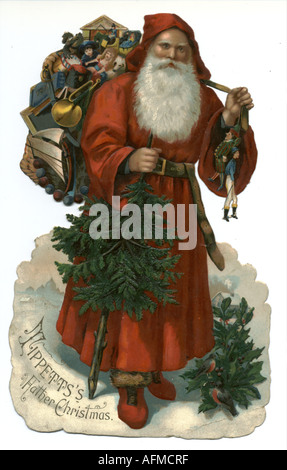 Chromolithographed die cut Father Christmas delivering presents as an advertisement for Tippetts circa 1890 Stock Photo