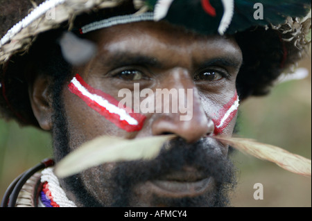 A Huli wigman tribal warrior, Tari, Papua New Guinea Stock Photo