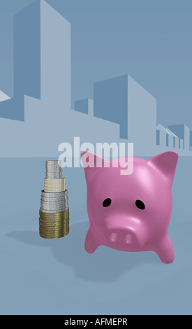 An illustration of a piggy bank and stack of coins with a shield icon ...