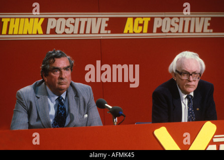 Dennis Healey Michael Foot first Labour Campaign Press Conference of General Election 1983. Looking miserable "Think Positive Act Positive Vote" 1980s Stock Photo