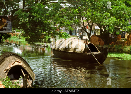 India Kerala Alleppey kettuvallam traditional cargo boat on canal Stock Photo