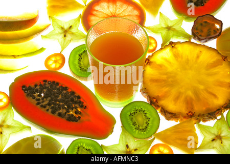 Sliced fruits and juice Stock Photo