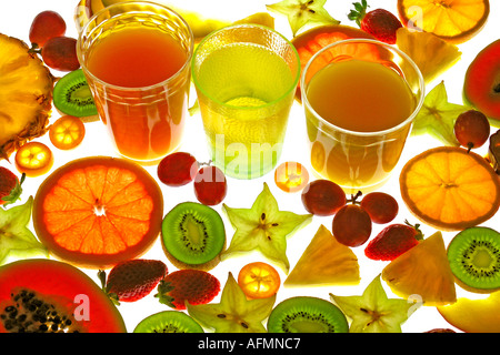 Sliced fruits and juice Stock Photo