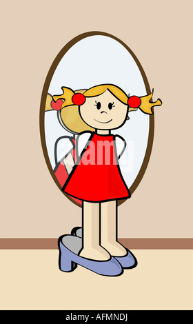 Girl standing in front of a mirror Stock Photo