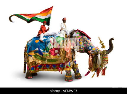 Elephant mahout and flag bearer all dressed for the Jaipur festival India on a white background Stock Photo