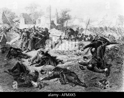 events, Second Schleswig War 1864, Battle of Als, 29.6.1864, wood engraving, drawing by August Beck (1823 - 1872), Danish Prussian War, Germany, Denmark, Prussia, soldiers, dead, warfare, Wars of German Unification, soldiers, fighting, fight, historic, historical, skirmish at Kjär, Kjar, Kjaer, 19th century, people, Stock Photo
