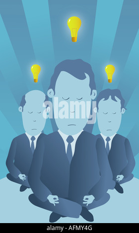 Three light bulbs lit up over three businessmen Stock Photo