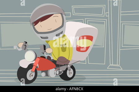 Pizza delivery person riding a motorcycle Stock Photo