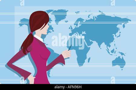 Businesswoman giving a presentation in front of a world map Stock Photo