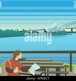 Man sitting on a bench and holding a map