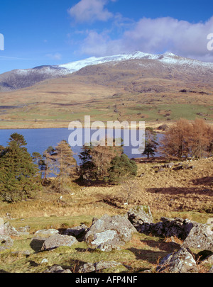 Snowdon seen over Llyn-y-Gadair in spring, north of Beddgelert, Snowdonia National Park, Gwynedd, North Wales, UK Stock Photo