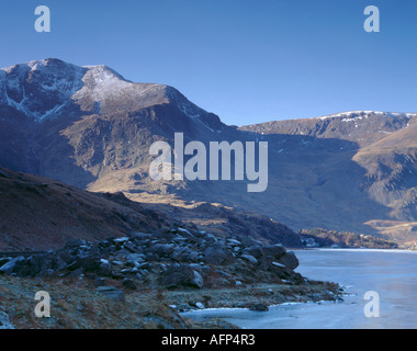 Y Garn and Foel Goch seen over Llyn Ogwen in winter, Snowdonia National Park, Gwynedd, North Wales, UK. Stock Photo