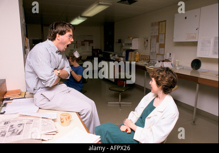 NHS 1980s Dr Maura Stafford  Dr Richard Leech 3.15am still on duty after Caesarean birth both tired Royal United Hospital Bath Hospital Somerset 1988 Stock Photo