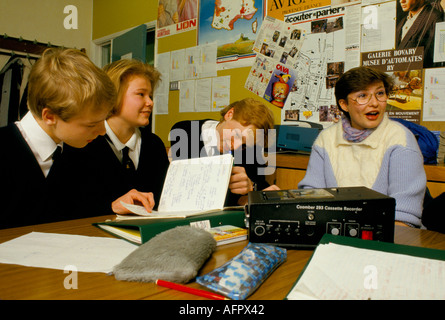Comprehensive  Secondary School 1990s UK. Teacher and pupils boys and girls preparing for GCSE French language exams Sheffield Yorkshire 1990. Stock Photo