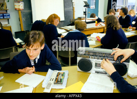 1990s Schools UK. GCSE pupils boys girls learning French with tape recorder. Greenford High School, Middlesex  London 1990 UK 1990  HOMER SYKES Stock Photo