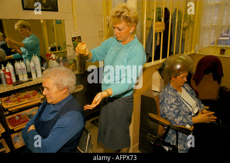 OLDER WOMAN IN HAIR SALON HAVING HAIR CUT AND STYLED BY 