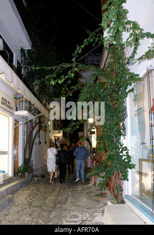 Skiathos Greece Greek Island Sporades Aegean Pelion Street in Old Skiathos town at night Stock Photo