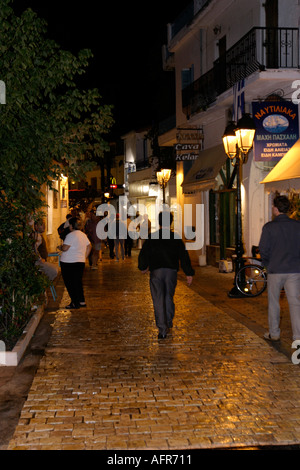 Skiathos Greece Greek Island Sporades Aegean Pelion Street in Old Skiathos town at night Stock Photo