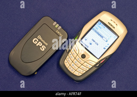 Nokia 6600 mobile phone and Emtac Bluetooth GPS receiver , Finland Stock Photo