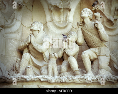 The sculptures on the south western wall of La Sagrada Familia in Barcelona were designed by artist Josep Subirachs Stock Photo