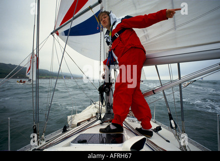 Crewing racing yacht UK  in The Round the Island Race race the Isle of Wight United Kingdom 1980s HOMER SYKES Stock Photo